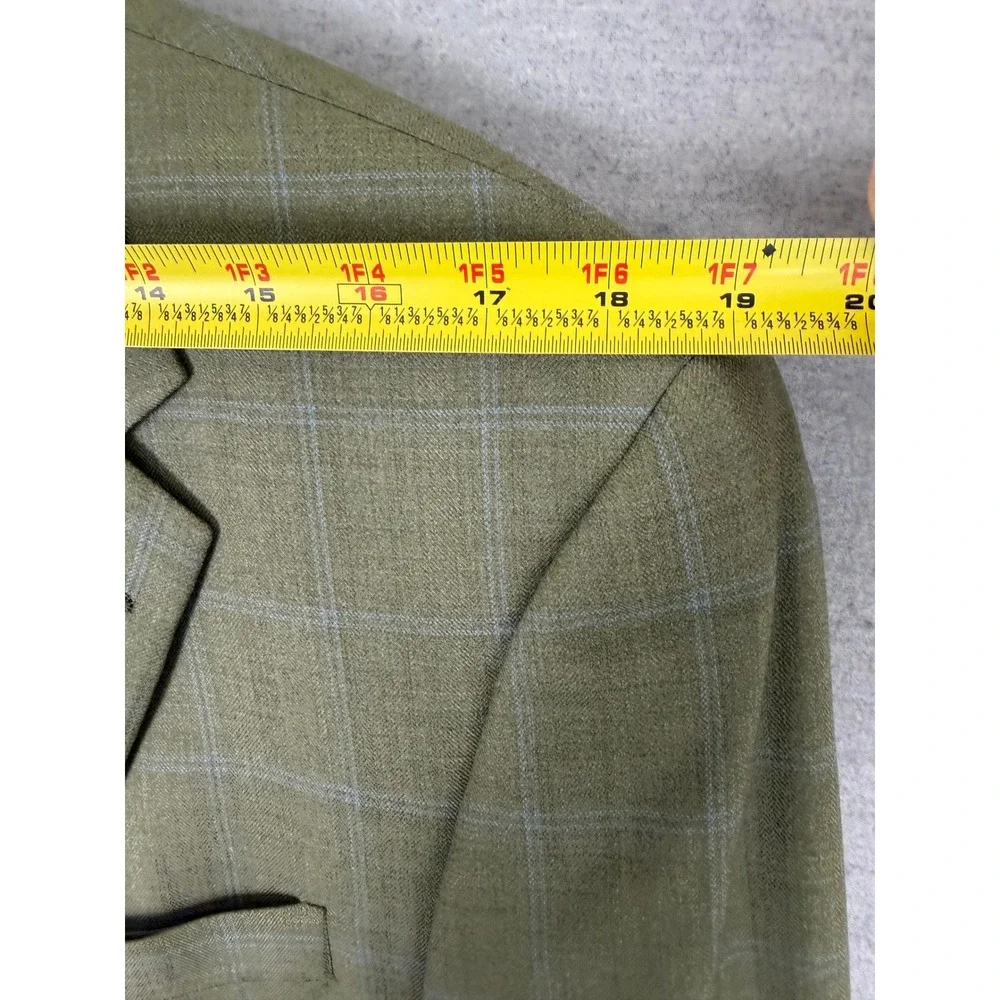 Hickey Freeman Mens 44R Sport Coat Wool Silk Olive Green Windowpane Blazer M481
